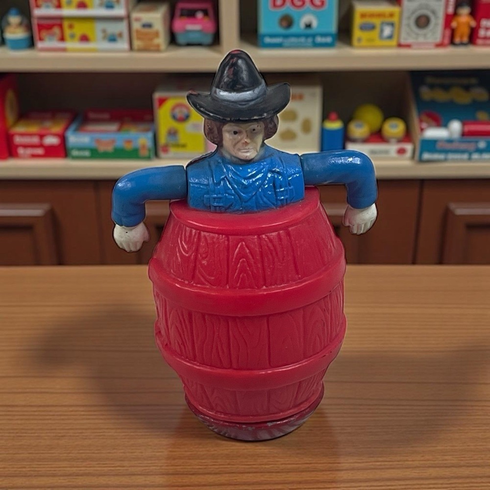 Vintage Ertl Cowboy in a Barrel Toy Figure 3 Inch Red Blue Black